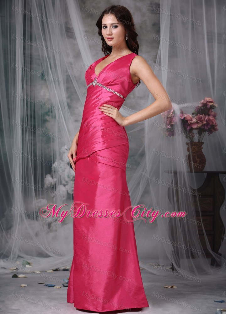 Coral Red Column V-neck Ankle-length Beaded Bridesmaid Dress