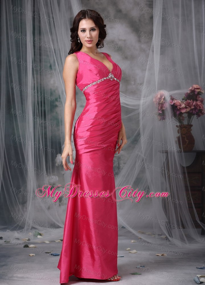 Coral Red Column V-neck Ankle-length Beaded Bridesmaid Dress