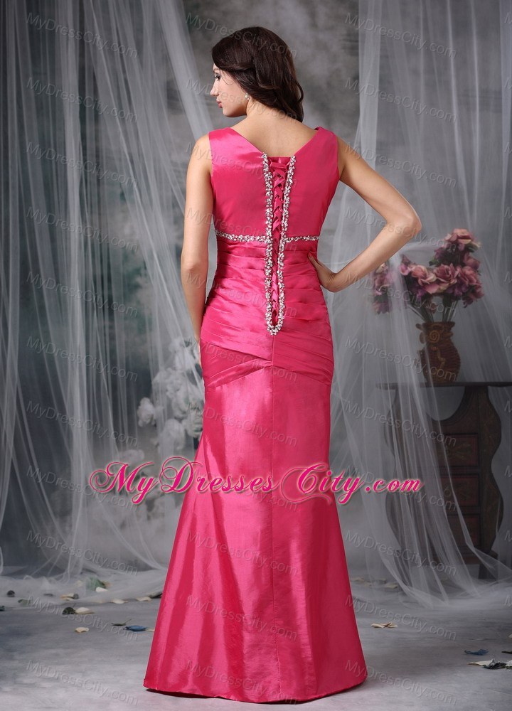 Coral Red Column V-neck Ankle-length Beaded Bridesmaid Dress