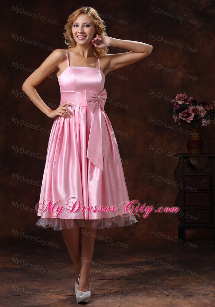 Baby Pink Spaghetti Straps Tea-length Bridesmaid Dress with Sash