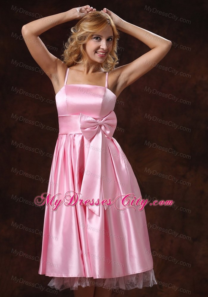 Baby Pink Spaghetti Straps Tea-length Bridesmaid Dress with Sash