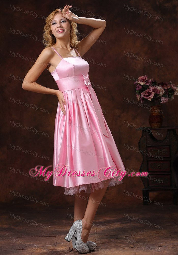 Baby Pink Spaghetti Straps Tea-length Bridesmaid Dress with Sash