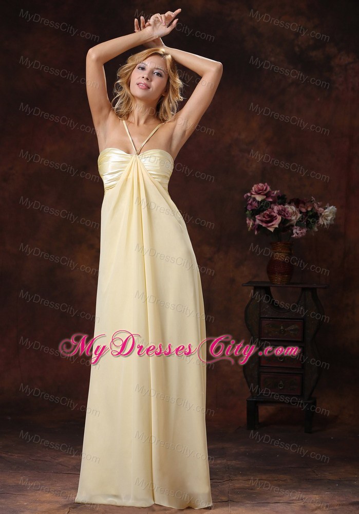 Light Yellow Straps Floor-length Ruched Bodice Bridesmaid Dress