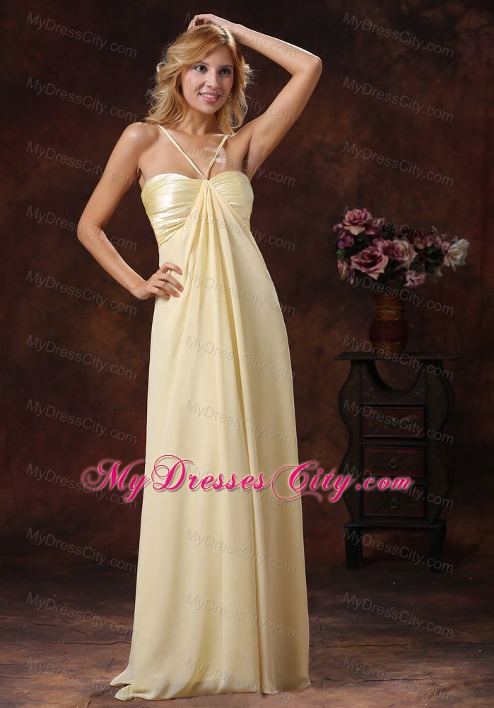 Light Yellow Straps Floor-length Ruched Bodice Bridesmaid Dress