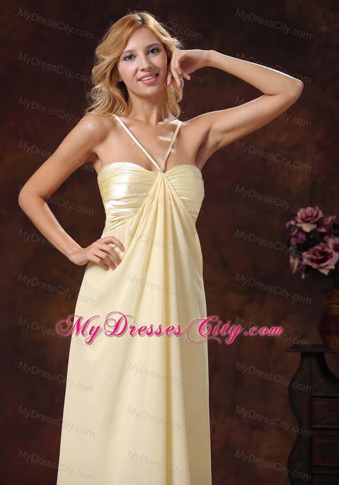 Light Yellow Straps Floor-length Ruched Bodice Bridesmaid Dress