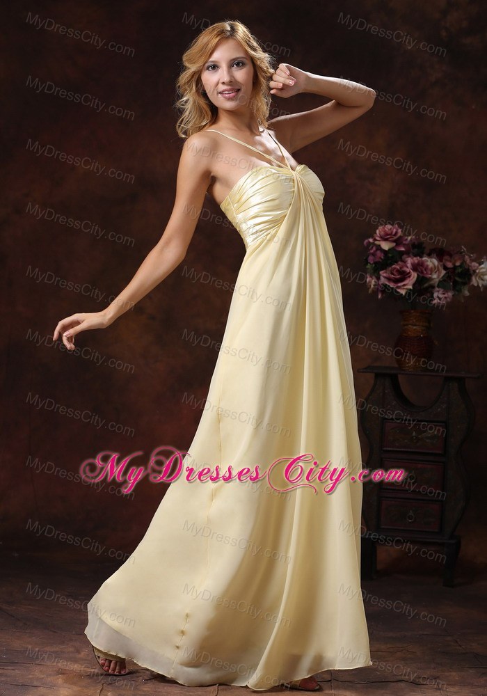 Light Yellow Straps Floor-length Ruched Bodice Bridesmaid Dress