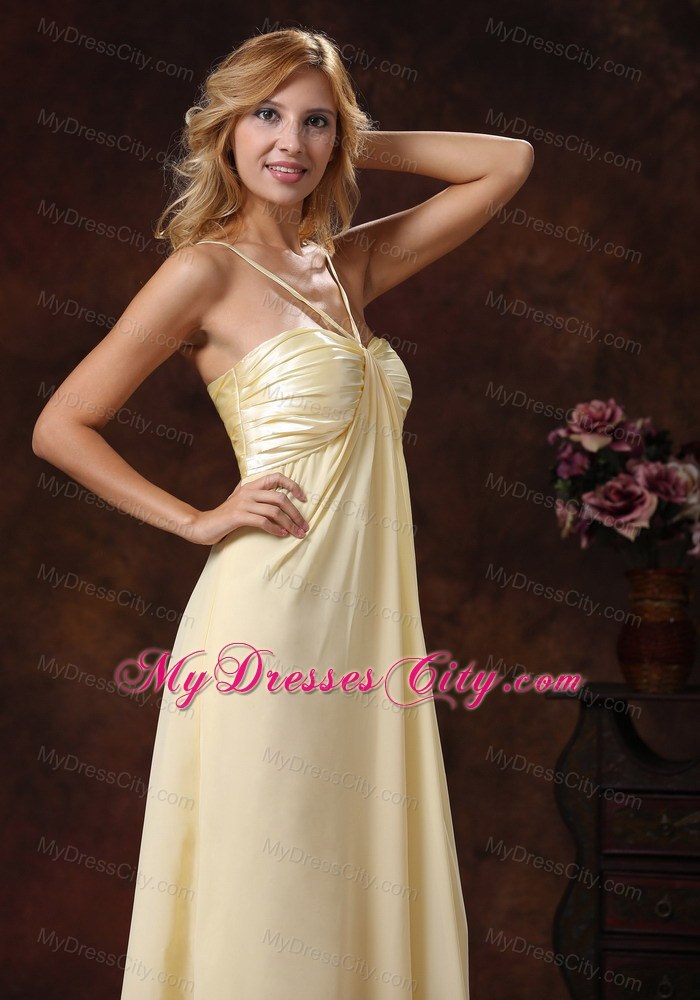 Light Yellow Straps Floor-length Ruched Bodice Bridesmaid Dress