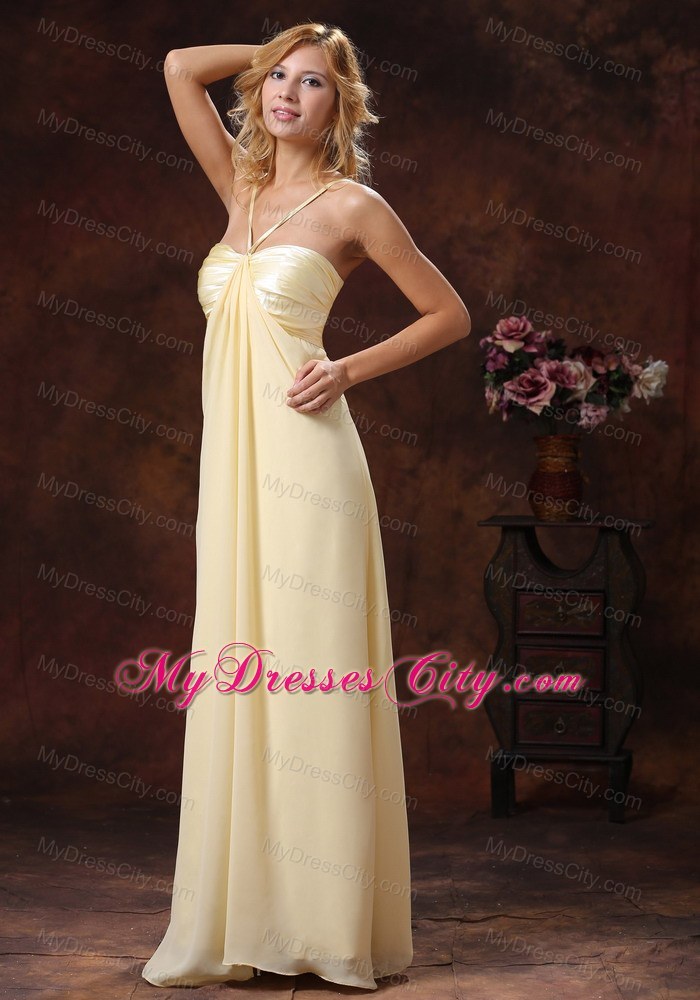 Light Yellow Straps Floor-length Ruched Bodice Bridesmaid Dress