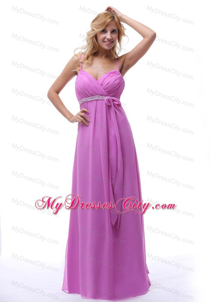 Ruched and Beaded Spaghetti Straps Bridesmaid Dress with Bowknot