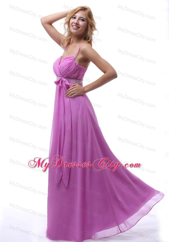 Ruched and Beaded Spaghetti Straps Bridesmaid Dress with Bowknot