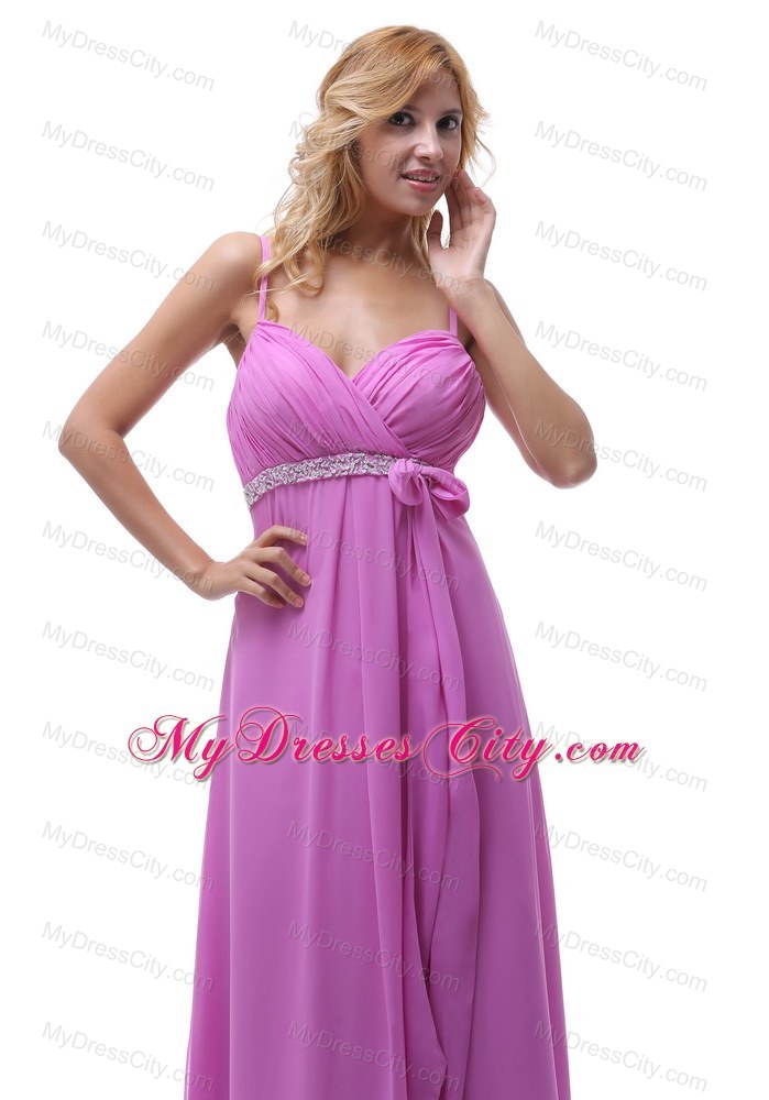 Ruched and Beaded Spaghetti Straps Bridesmaid Dress with Bowknot