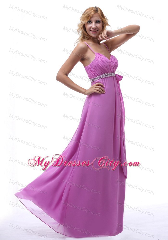 Ruched and Beaded Spaghetti Straps Bridesmaid Dress with Bowknot