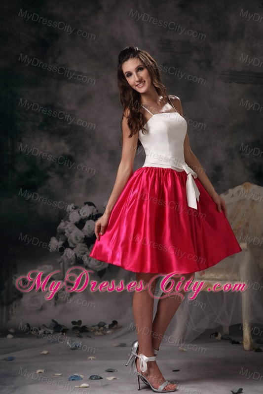 White and Hot Pink Spaghetti Straps Bodice Bowknot Bridesmaid Dress