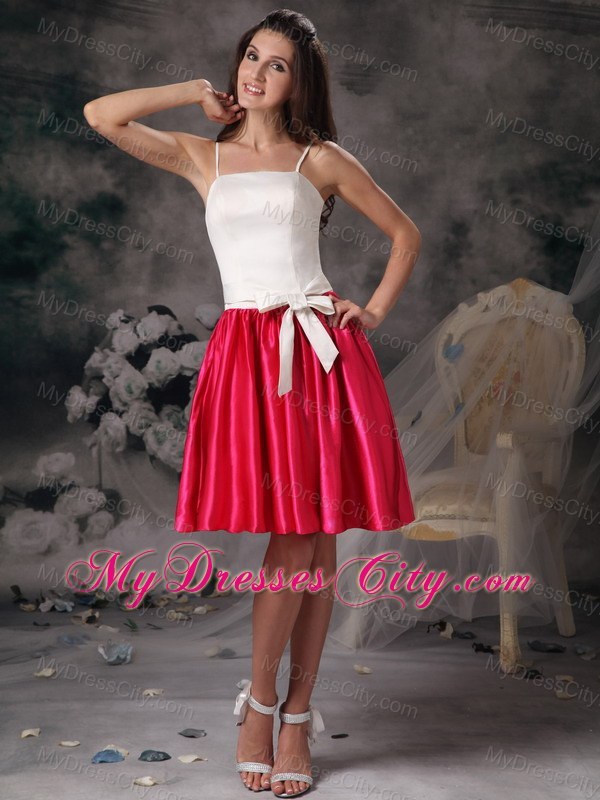 White and Hot Pink Spaghetti Straps Bodice Bowknot Bridesmaid Dress