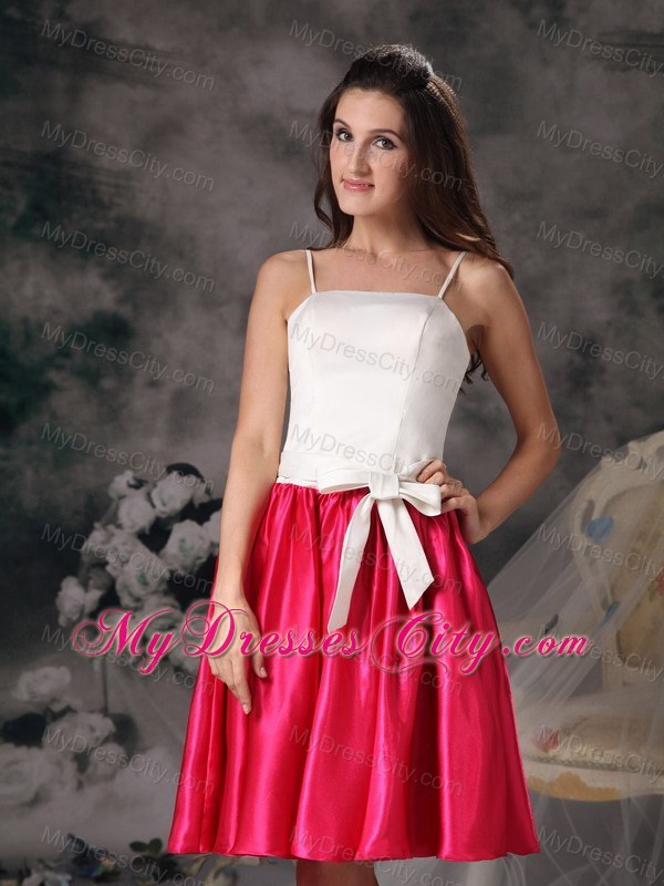 White and Hot Pink Spaghetti Straps Bodice Bowknot Bridesmaid Dress