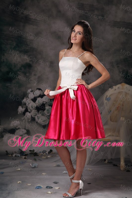 White and Hot Pink Spaghetti Straps Bodice Bowknot Bridesmaid Dress