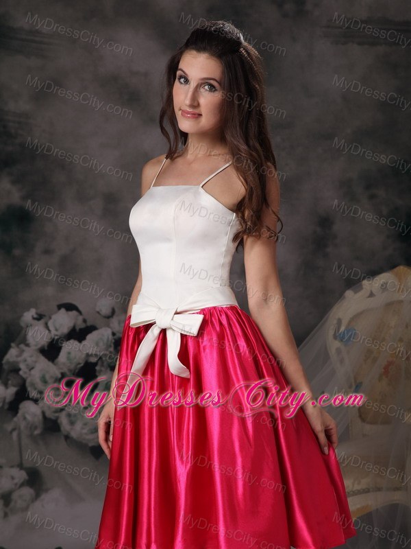 White and Hot Pink Spaghetti Straps Bodice Bowknot Bridesmaid Dress