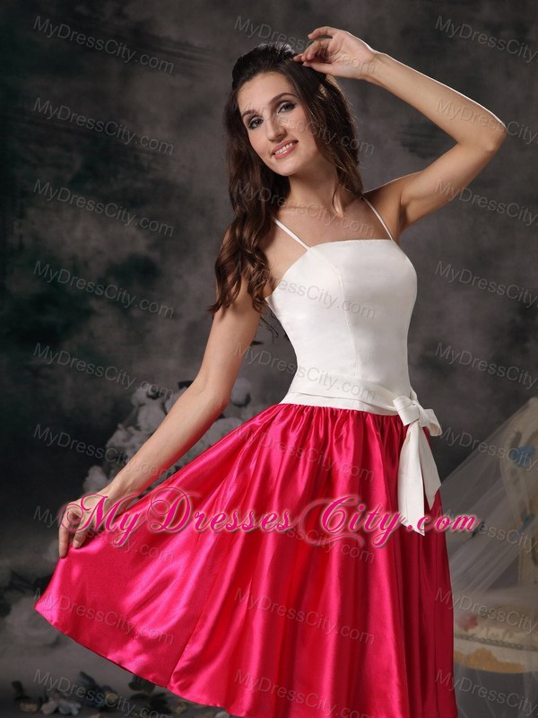 White and Hot Pink Spaghetti Straps Bodice Bowknot Bridesmaid Dress