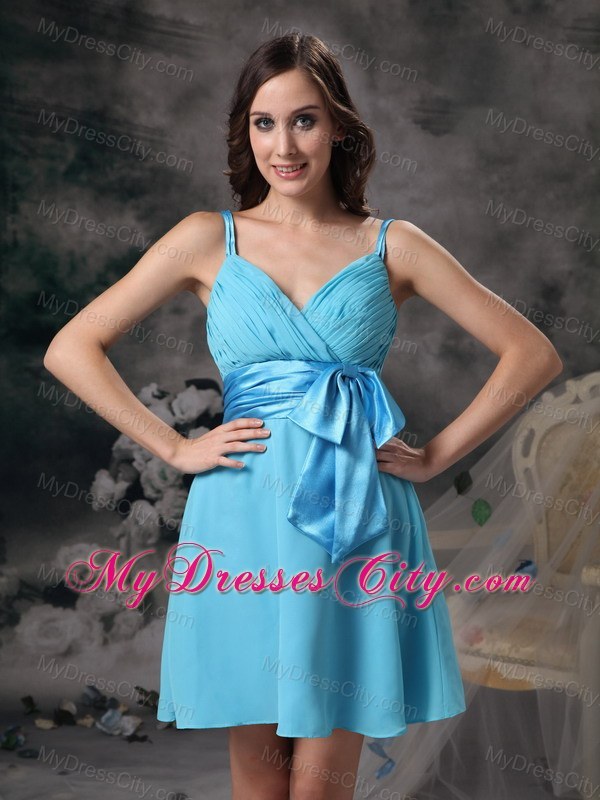 Short Straps Aqua Blue Dresses For Bridesmaid with Satin Bowknot