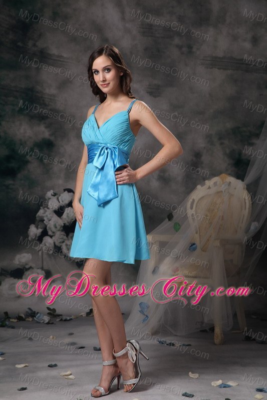 Short Straps Aqua Blue Dresses For Bridesmaid with Satin Bowknot