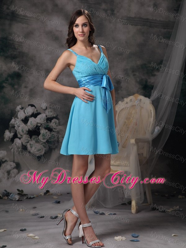 Short Straps Aqua Blue Dresses For Bridesmaid with Satin Bowknot