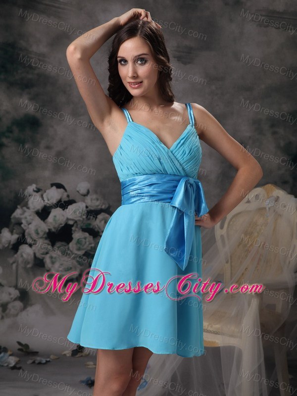 Short Straps Aqua Blue Dresses For Bridesmaid with Satin Bowknot