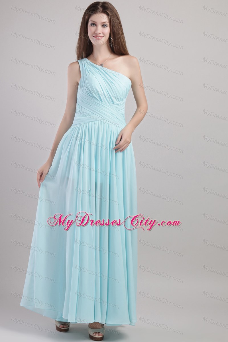 One Shoulder Ankle-length Ruching Bridesmaid Dress in Light Blue