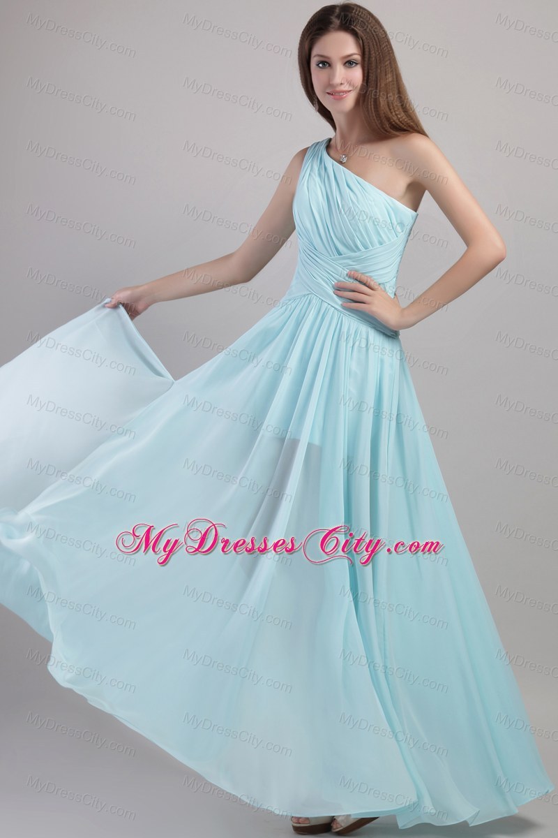 One Shoulder Ankle-length Ruching Bridesmaid Dress in Light Blue