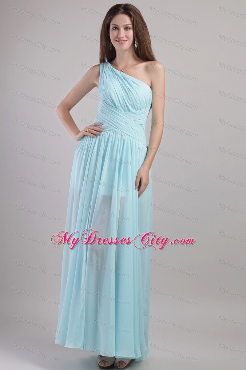 One Shoulder Ankle-length Ruching Bridesmaid Dress in Light Blue