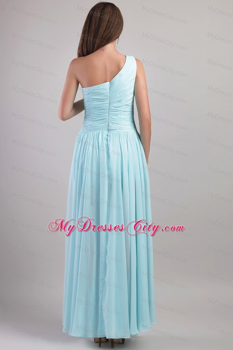 One Shoulder Ankle-length Ruching Bridesmaid Dress in Light Blue