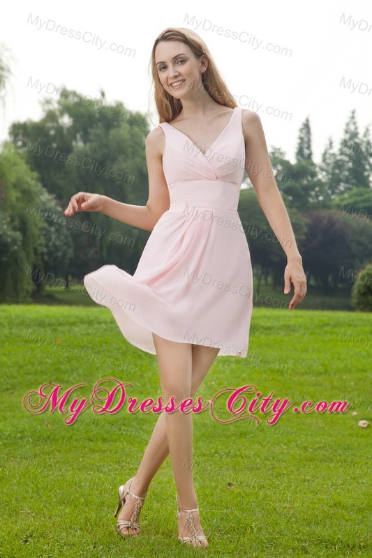 Short Empire V-neck Ruched Bridesmaid Dress in Baby Pink