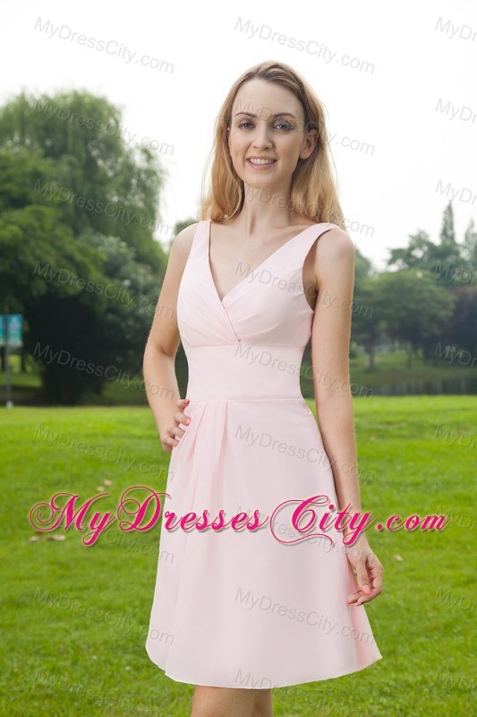 Short Empire V-neck Ruched Bridesmaid Dress in Baby Pink