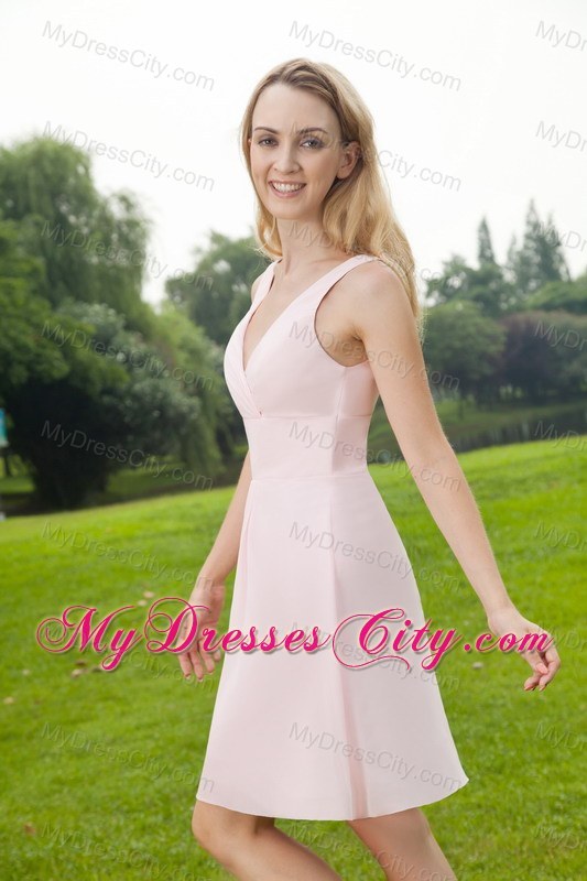 Short Empire V-neck Ruched Bridesmaid Dress in Baby Pink