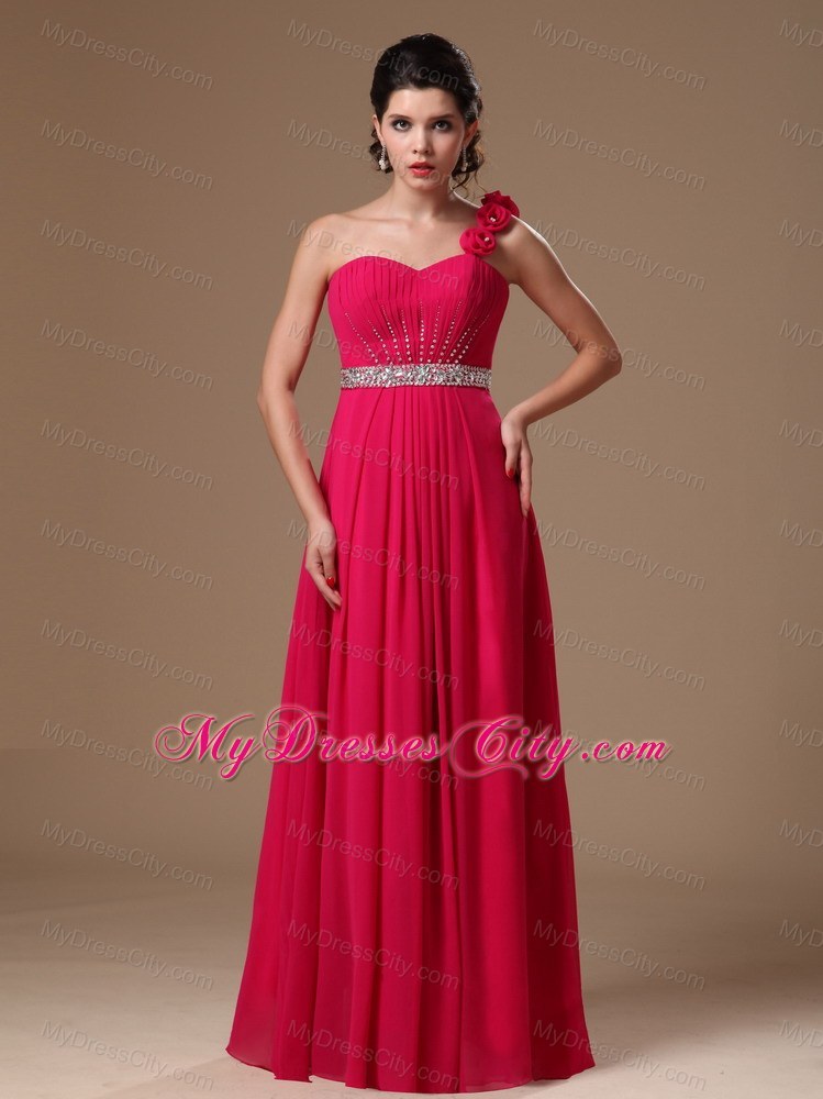 Beaded Empire One Shoulder Flowers Coral Red Formal Prom Dress