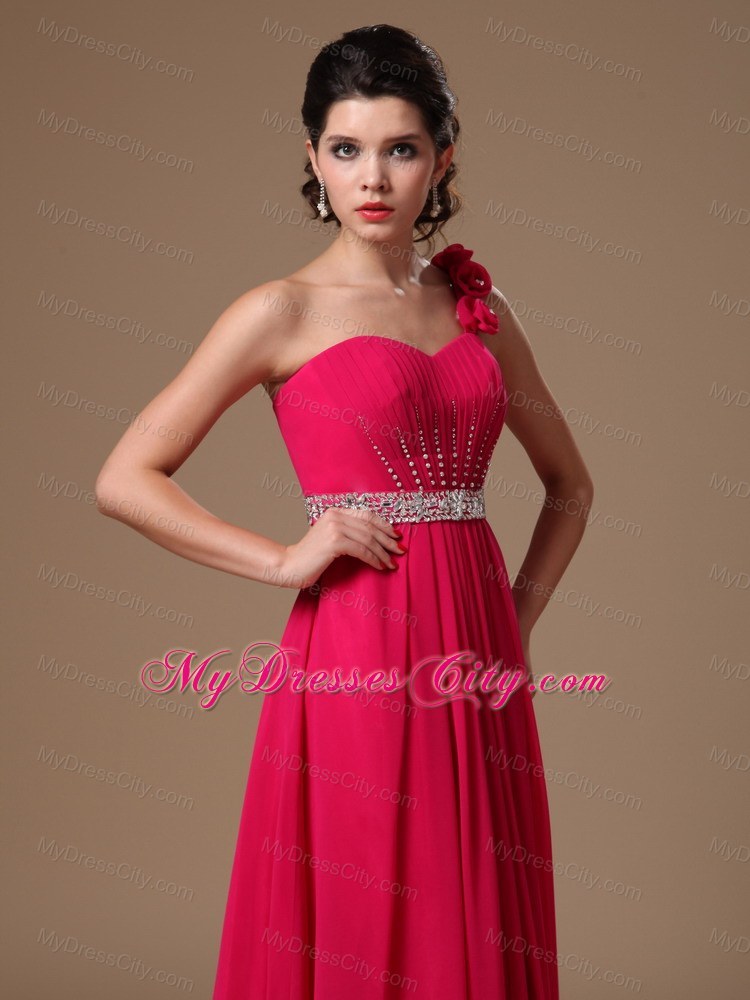 Beaded Empire One Shoulder Flowers Coral Red Formal Prom Dress