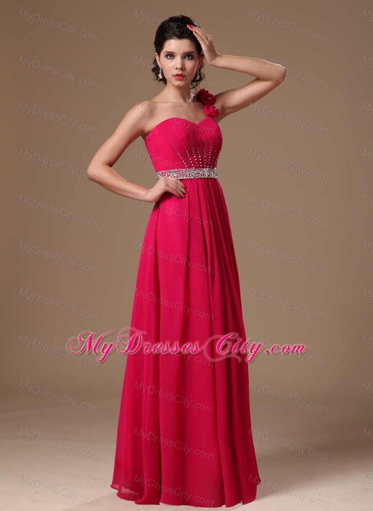 Beaded Empire One Shoulder Flowers Coral Red Formal Prom Dress