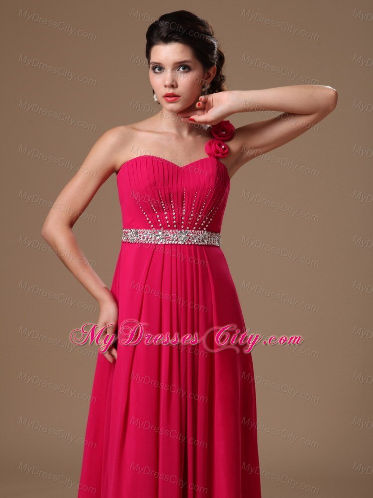 Beaded Empire One Shoulder Flowers Coral Red Formal Prom Dress