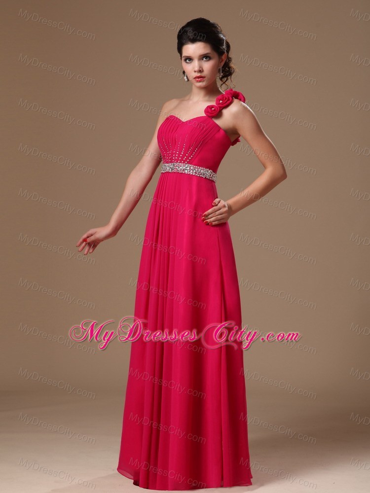 Beaded Empire One Shoulder Flowers Coral Red Formal Prom Dress