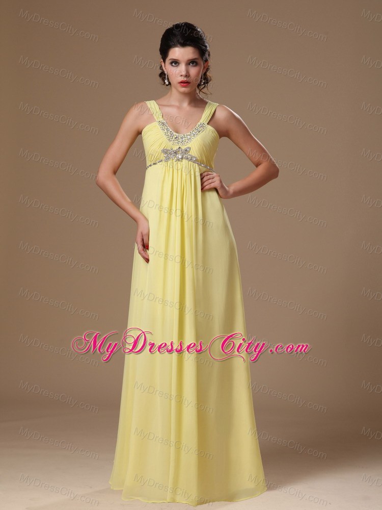 V-neck Straps Empire Beaded Chiffon Light Yellow Plus Size Prom Dress