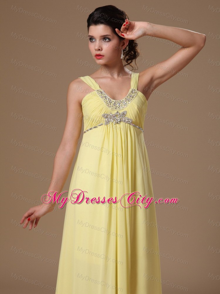 V-neck Straps Empire Beaded Chiffon Light Yellow Plus Size Prom Dress