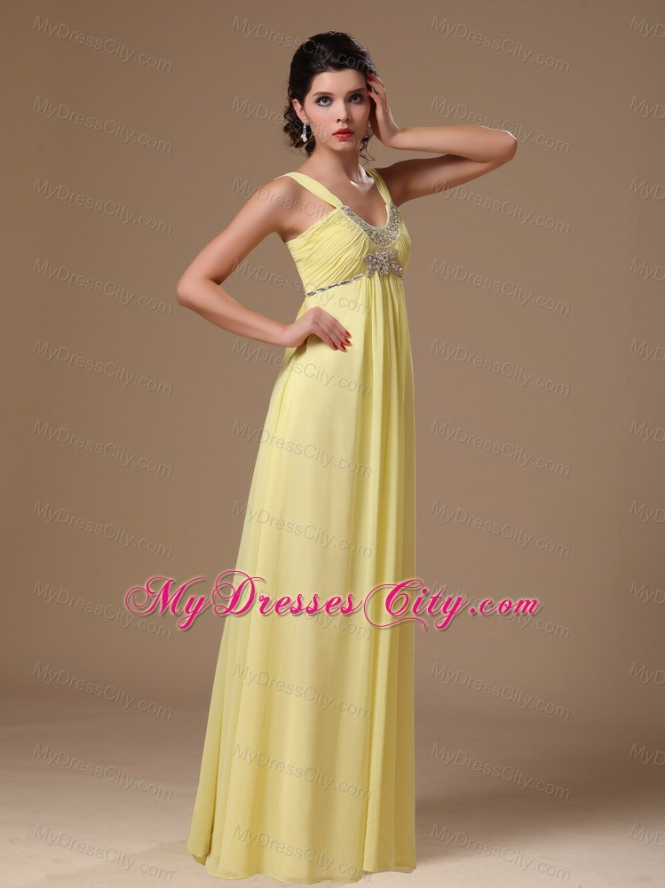 V-neck Straps Empire Beaded Chiffon Light Yellow Plus Size Prom Dress