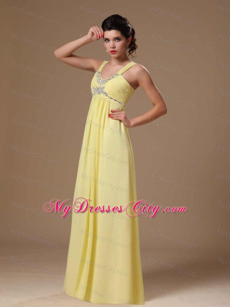 V-neck Straps Empire Beaded Chiffon Light Yellow Plus Size Prom Dress