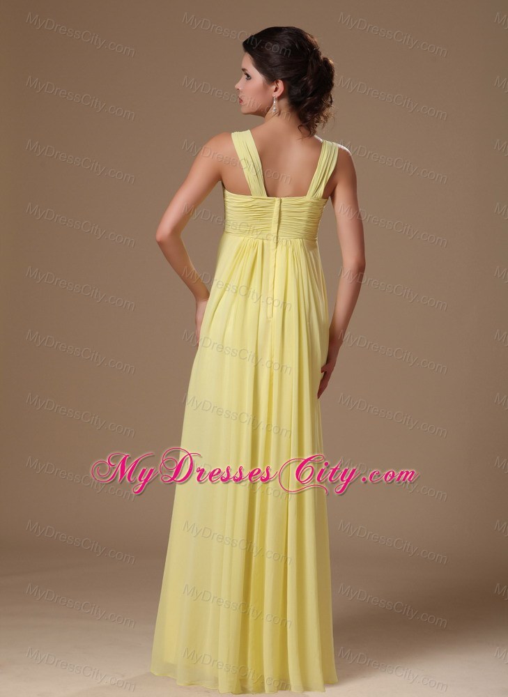 V-neck Straps Empire Beaded Chiffon Light Yellow Plus Size Prom Dress