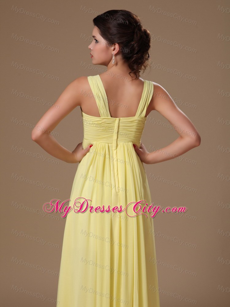 V-neck Straps Empire Beaded Chiffon Light Yellow Plus Size Prom Dress