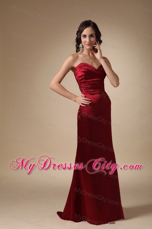 Column Sweetheart Ruched Wine Red Prom Dress with Brush Train