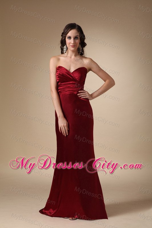 Column Sweetheart Ruched Wine Red Prom Dress with Brush Train