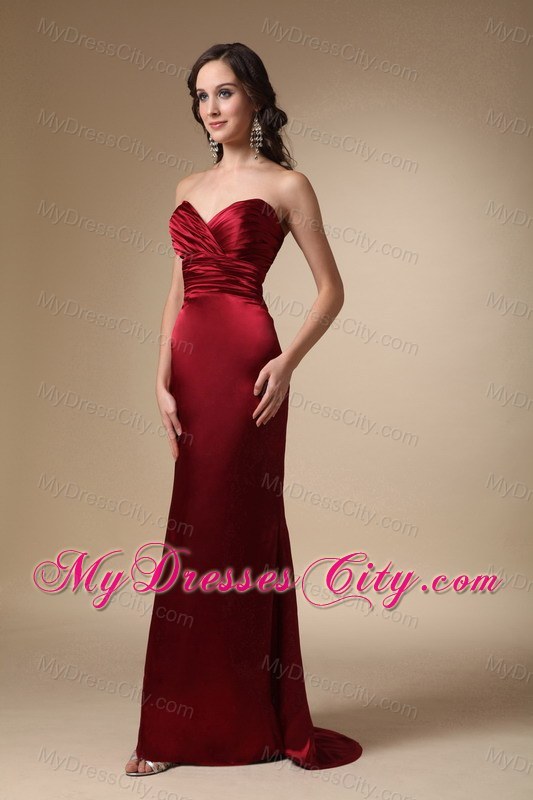 Column Sweetheart Ruched Wine Red Prom Dress with Brush Train