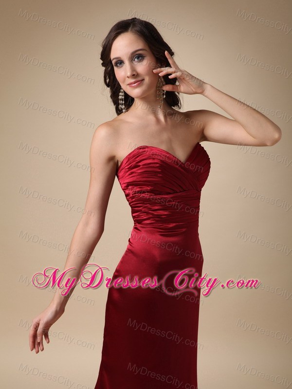 Column Sweetheart Ruched Wine Red Prom Dress with Brush Train