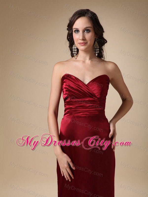 Column Sweetheart Ruched Wine Red Prom Dress with Brush Train