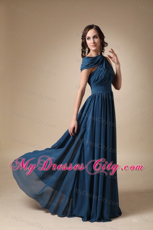 Cool Neckline Empire Ruches Chiffon Navy Blue Prom Dress for Girls